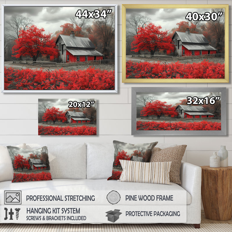 Rouge et gris Autumn Barn Refuge II - Art mural de grange, Toile tendue, H 24 po x l 32 po