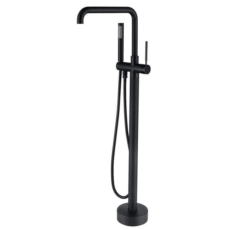 Robinet de baignoire autoportant et douche à main en métal noir mat, robinet de salle de bain Grace au plancher, robinets à 2 trous, poignées à levier, mode de travail manuel en métal robuste pour un style de fonctionnement attrayant