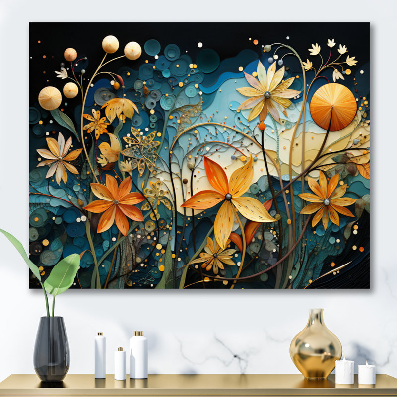 Orange orange, tropical, enchevêtrement VI - Collages abstraits, art mural, salon, H 30 po x l 40 po, Toile tendue