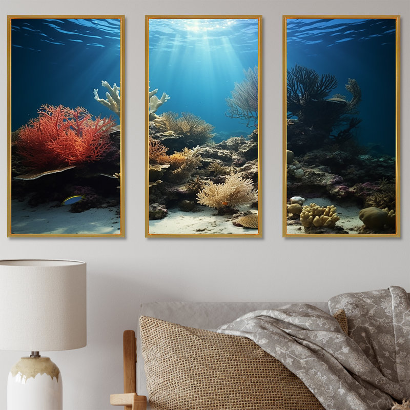 «Coral Underwater Paradise» - ensemble d'art mural en toile corail sous l'eau, Cadre flottant doré