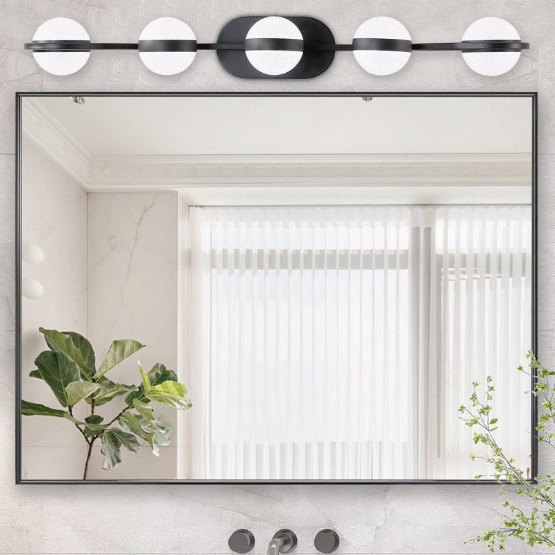 Luminaire de salle de bain moderne à 5 lumières à DEL noir avec miroir mural en verre givré et anti-buée