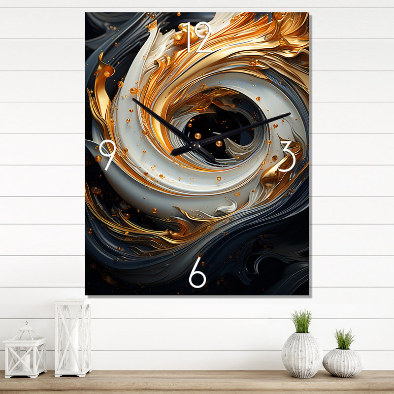Ornement en spirale liquide or et noir II - Spirales abstraites très grandes horloges murales, H 32 po x l 16 po x P 1 po