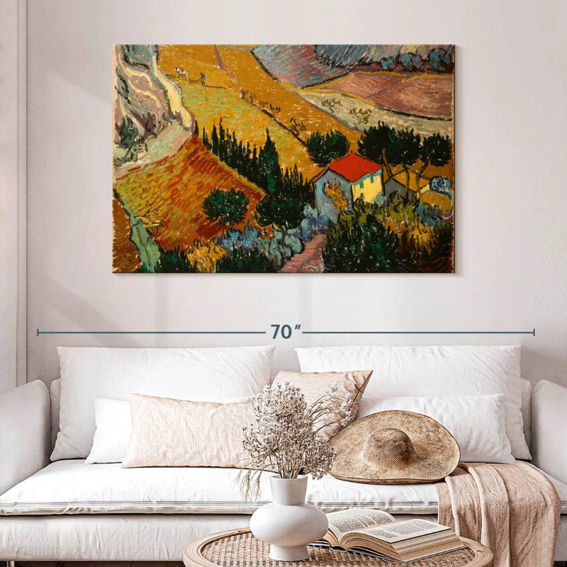 Alvord, paysage avec maison et laboureur, H 32 po x l 48 po