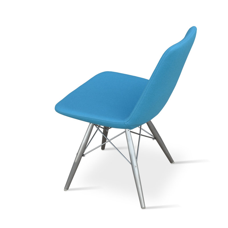 Chaise de salle à manger rembourrée en cuir véritable mw Eiffel, Acier inoxydable, Laine bleu ciel