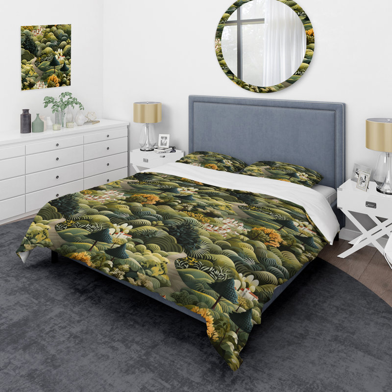 Green Dreamy Forest Landscape Duvet Cover, Queen Duvet Cover + 2 Standard Shams