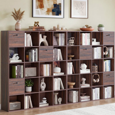 Ensemble de rangement modulaire 58,5 po avec 6 tiroirs en tissu, 20 cubes en bois rustique noyer et diviseur de pièce, ensemble de 2