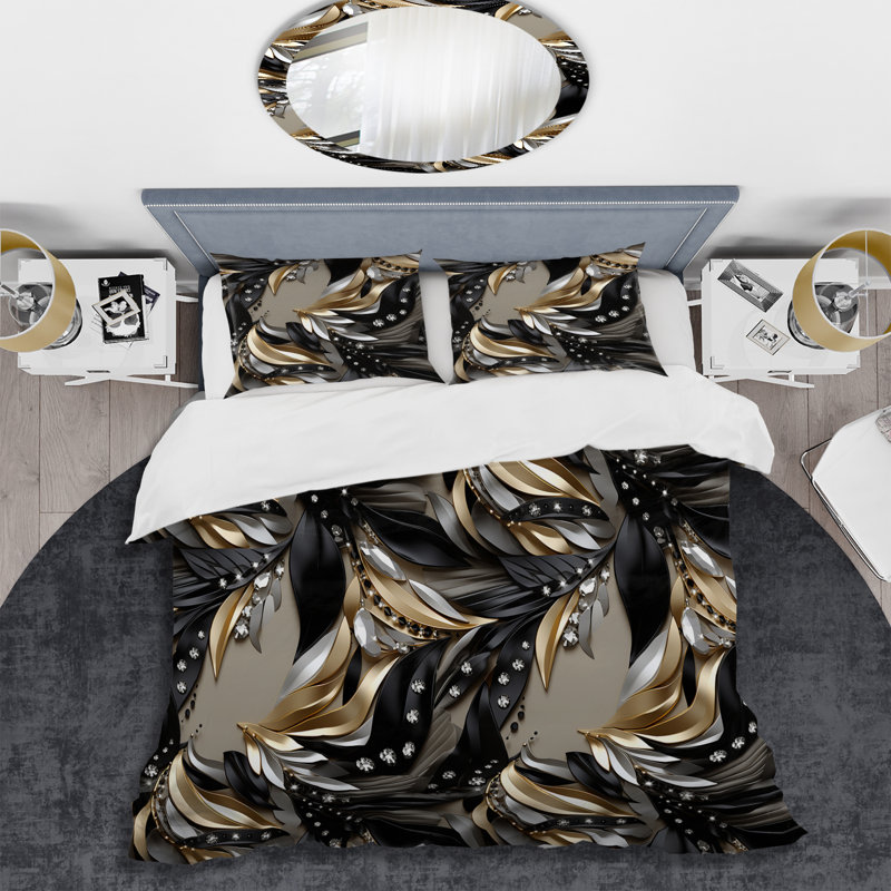 Ensemble de housse de couette Deep Black and Gold Elegance I, Housse de couette pour très grand lit et 2 très