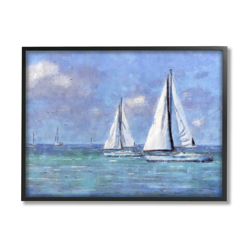 Voilier à la dérive, ciel bleu vif, estampe numérique texturée par Nina Blue, Giclée encadrée noir minuit