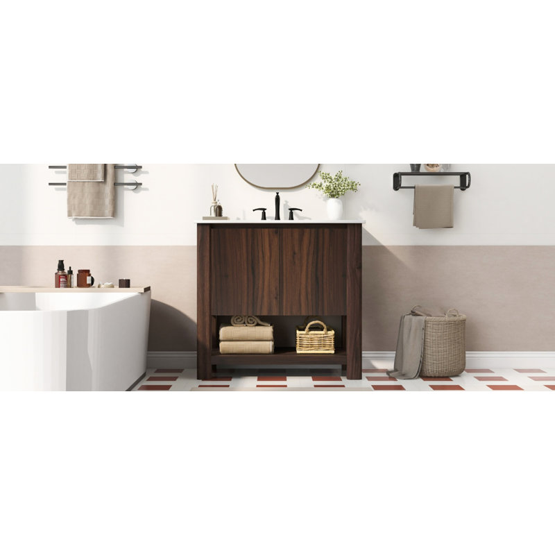 Meuble-lavabo antique avec lavabo en céramique, Brun antique