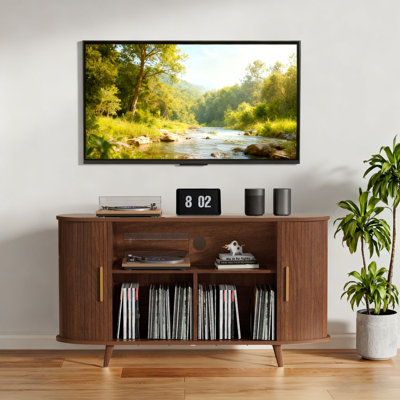 55in Large Round Record Player Stand with Charging Station, Record Storage Cabinet, Mid Century TV Stand for Bedroom, Walnut by 17 Stories