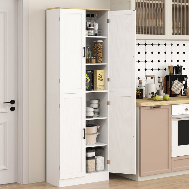 67" Freestanding Pantry Cabinet, 4 Doors With Adjustable Shelves, White For Spacious Kitchen Storage, 4-Door Cabinet Distressed Style