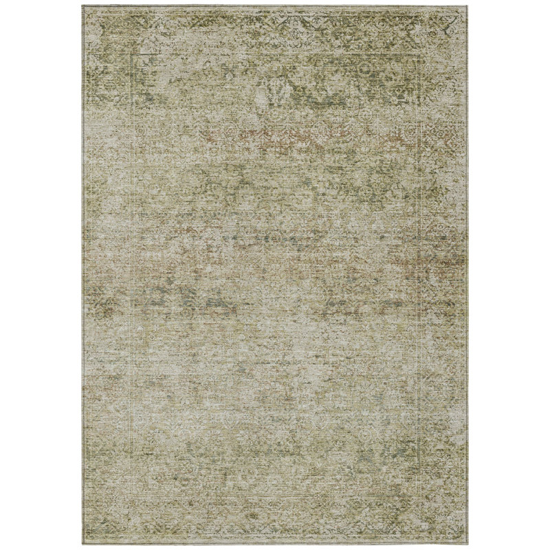 Machine Washable Indoor/Outdoor Xhevrie Sage Rug, Rectangle 3' x 5'