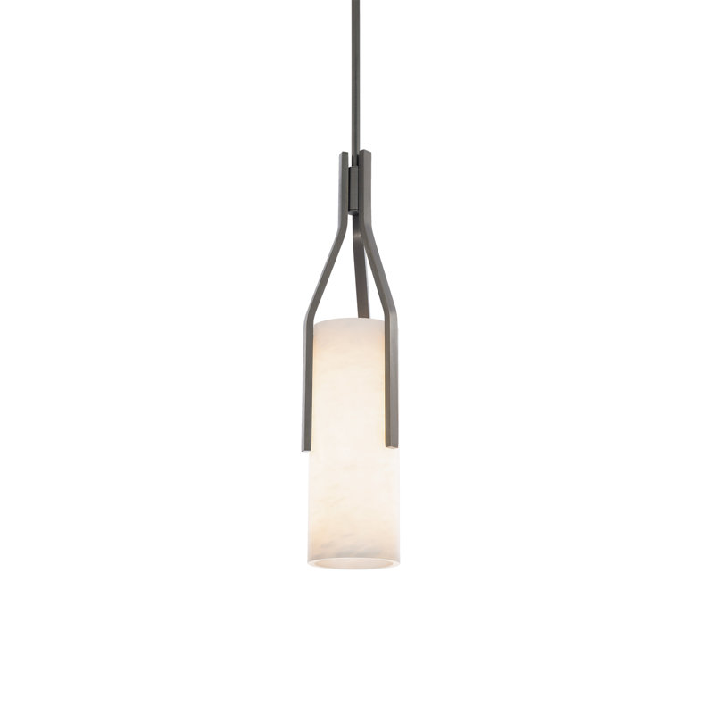 Luminaire suspendu cylindrique à 1 lumière DEL avec abat-jour albâtre Firenze, Nickel antique