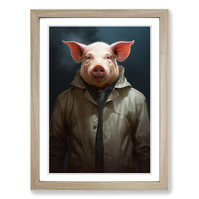 Pig Conceptual - Single Picture Frame Print on Wood, Oak Framed, 64cm H x 46cm W x 2cm D