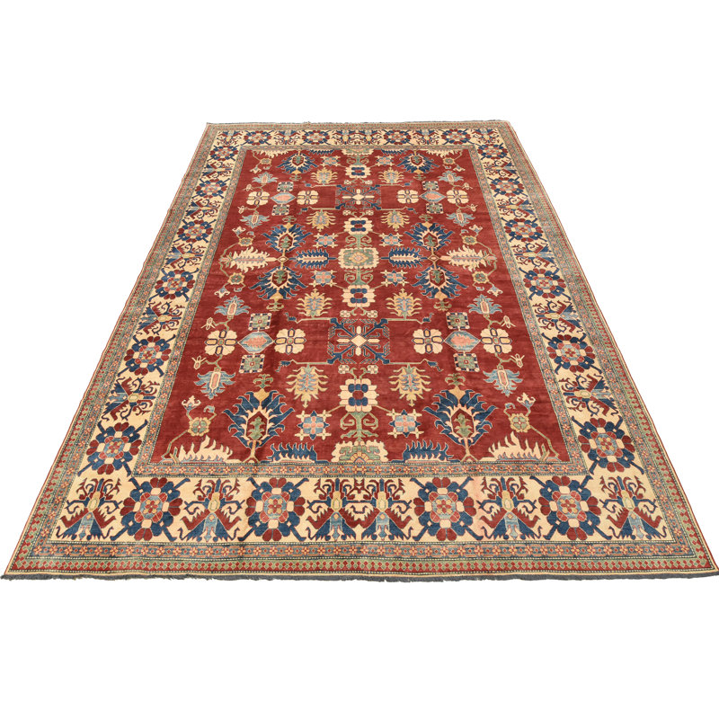 Tapis rouge / beige en laine noué à la main de conception unique 11 pi 8 po x 16 pi 2 po