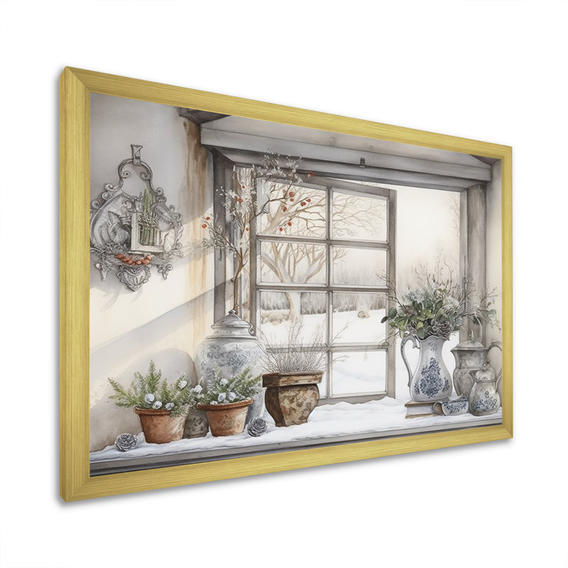 Fenêtres, charme scandinave d'hiver sur toile, Cadre doré simple, H 16 po x l 32 po x P 1 po