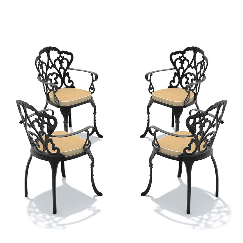 Chaise de patio en fonte d'aluminium 4 pièces avec structure noire et coussins blanc cassé, 4