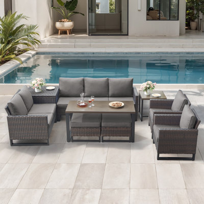 Ingvald 7-9 Person Outdoor Patio Wicker Conversation Set Group With Armchairs And Ottomans