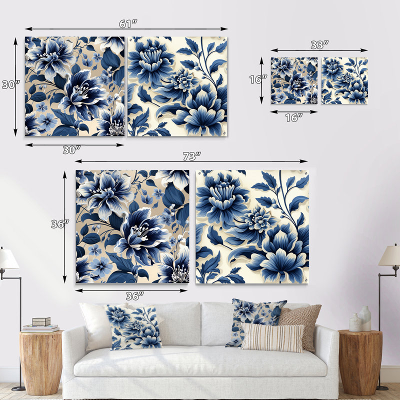 «Blue Maritime Flower Damask Serenity», ensemble de 2 peintures murales abstraites en acrylique, H 30 po x l 61 po