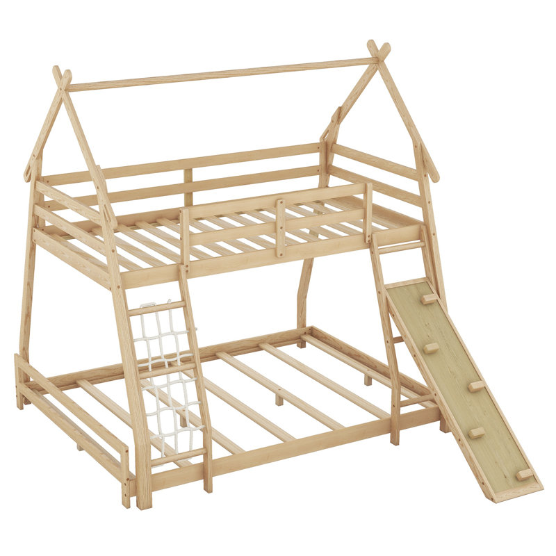 Lit superposé simple au-dessus de grand avec filets d'escalade et rampe - Lit mezzanine en bois massif pour enfants, naturel
