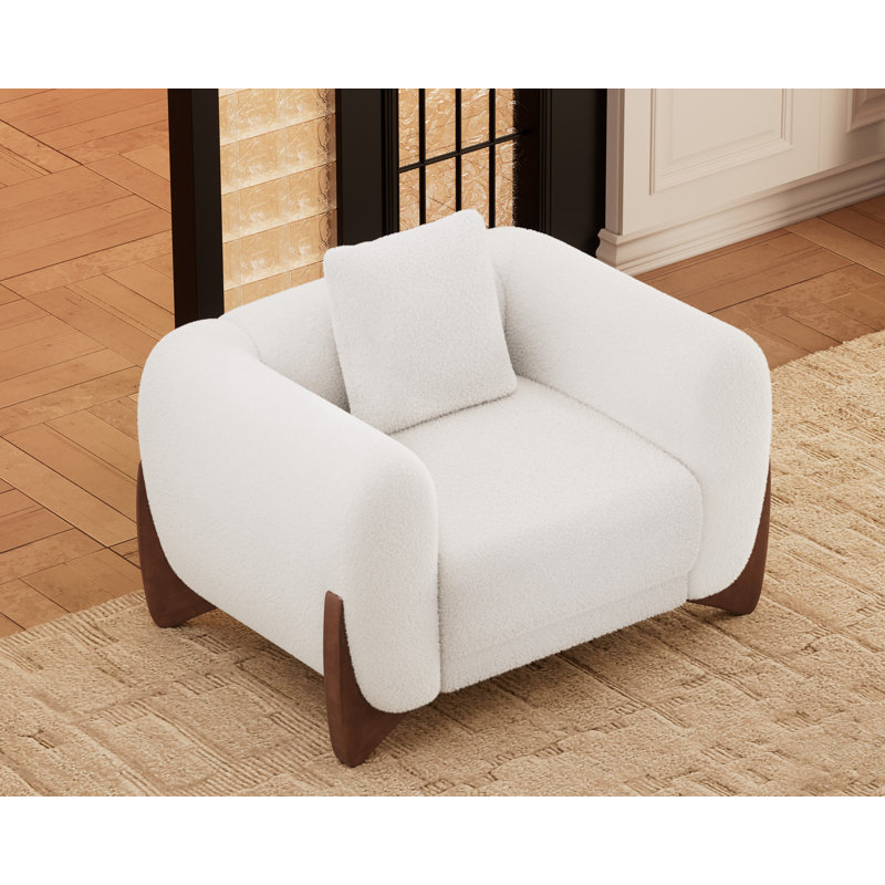 Modern Bouclé Armchair with Tilted Wooden Legs, White