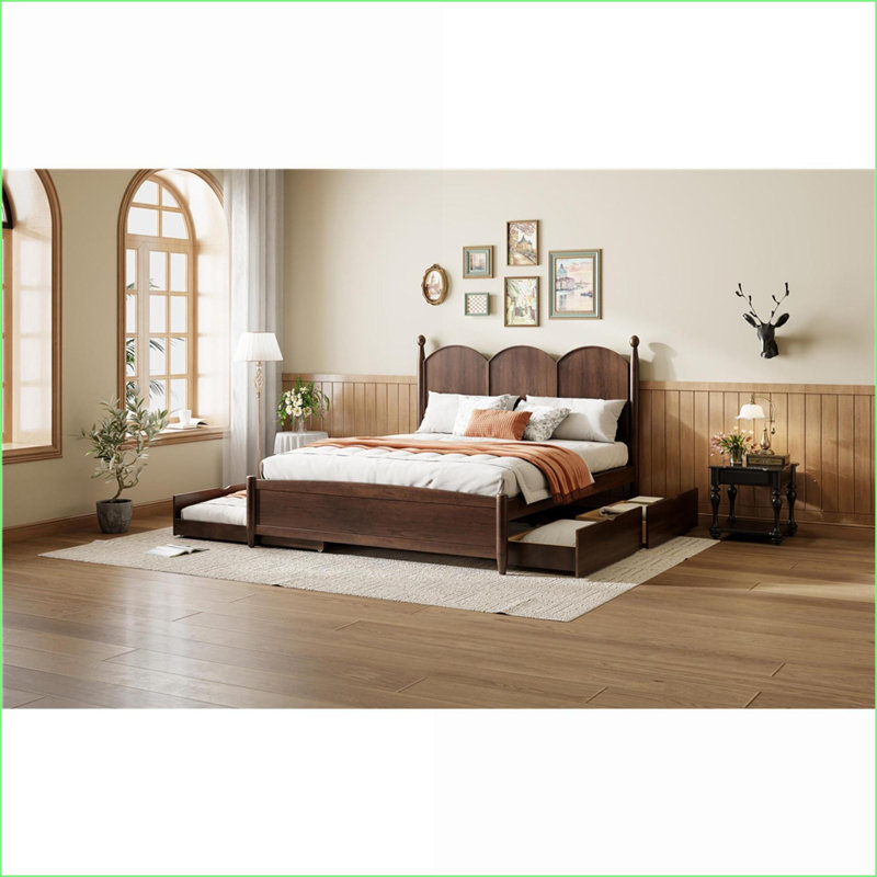 Grand lit plateforme en pin avec 2 tiroirs Lit gigogne simple TG, noyer pour petits espaces, Noyer