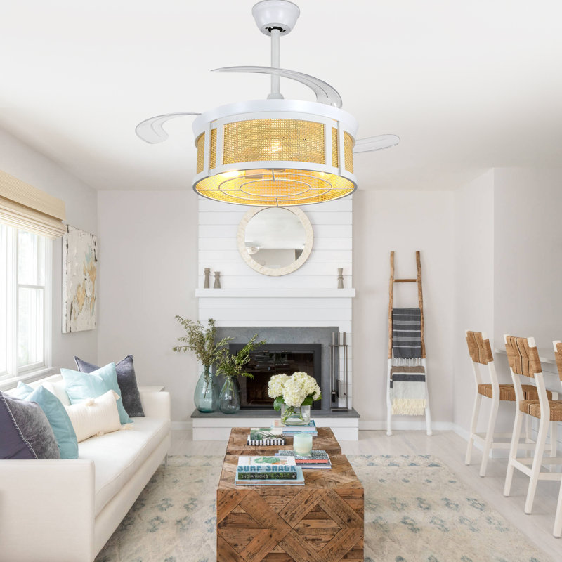 42" White Retractable Ceiling Fan with Lights, 6 Speeds Rattan Ceiling Fan Chandelier with Remote Fandelier Ceiling Fan for Bedroom