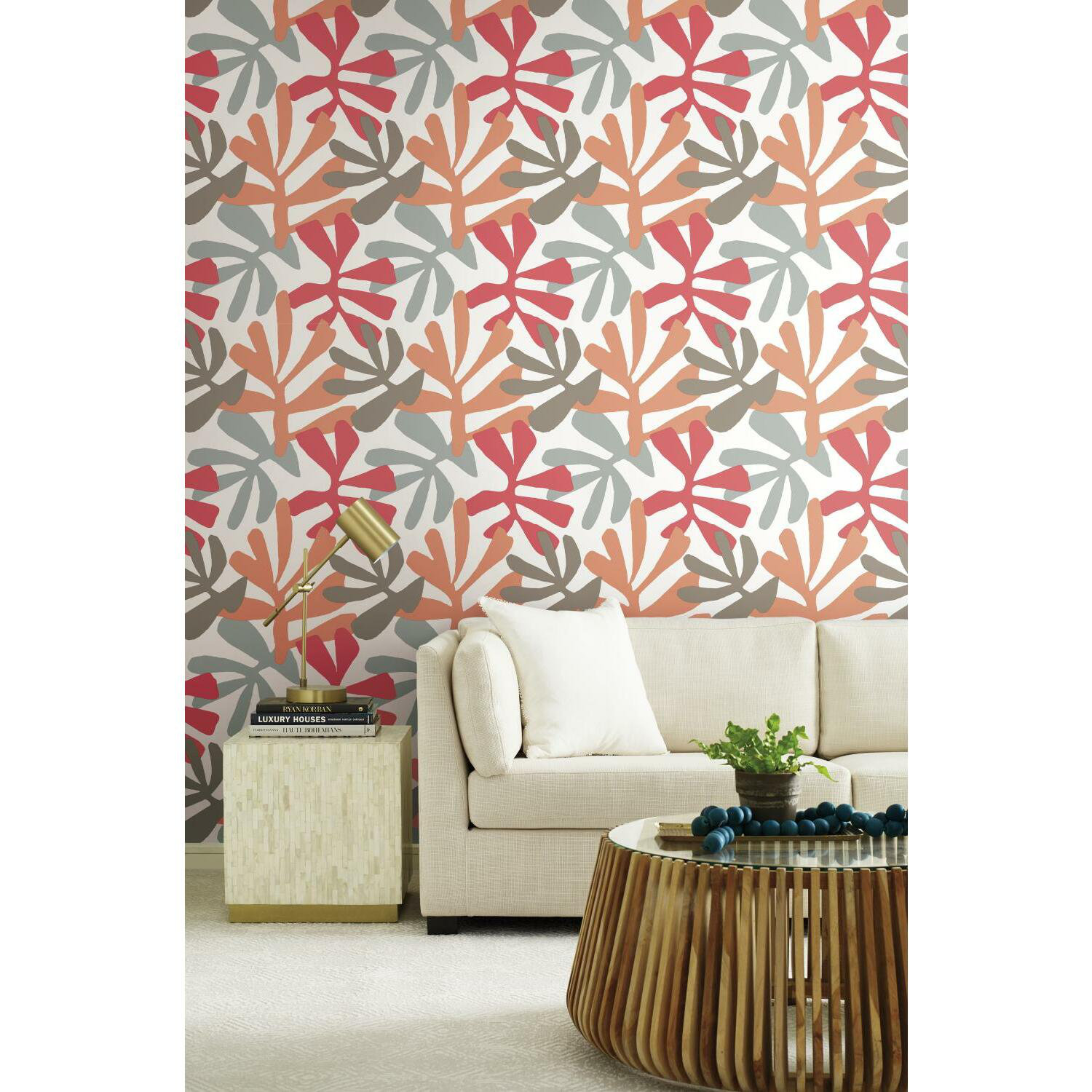 Peel & Stick Floral Wallpaper, Coral/Beige