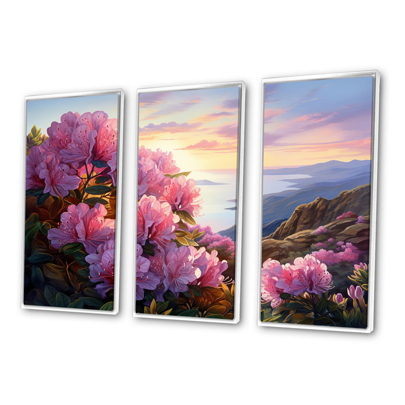 Ensemble de salon d'art mural Rhododendron, Cadre flottant blanc, H 32 po x l 48 po x P 1 po
