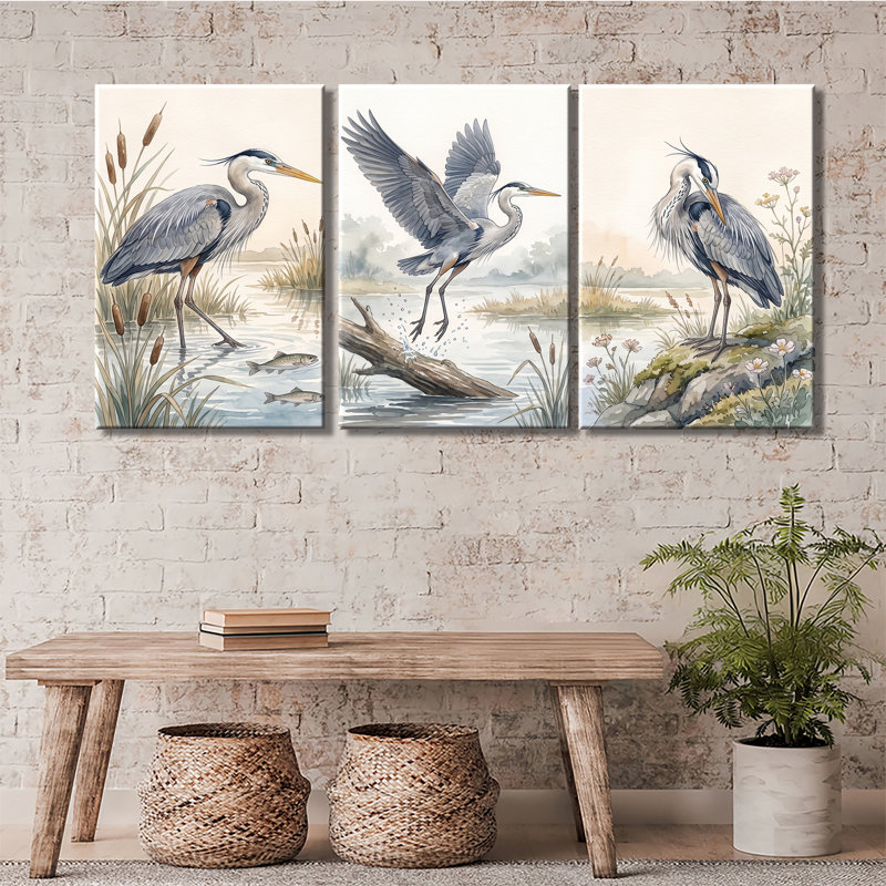 Aquarelle, grand héron bleu, zone humide, ensemble de 3 impressions sur toile, 28 * 40 pouces * 3