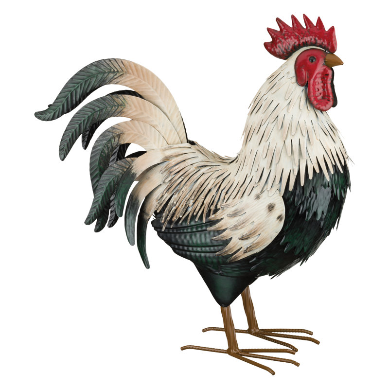 Large Green and White Metal Rooster Decor