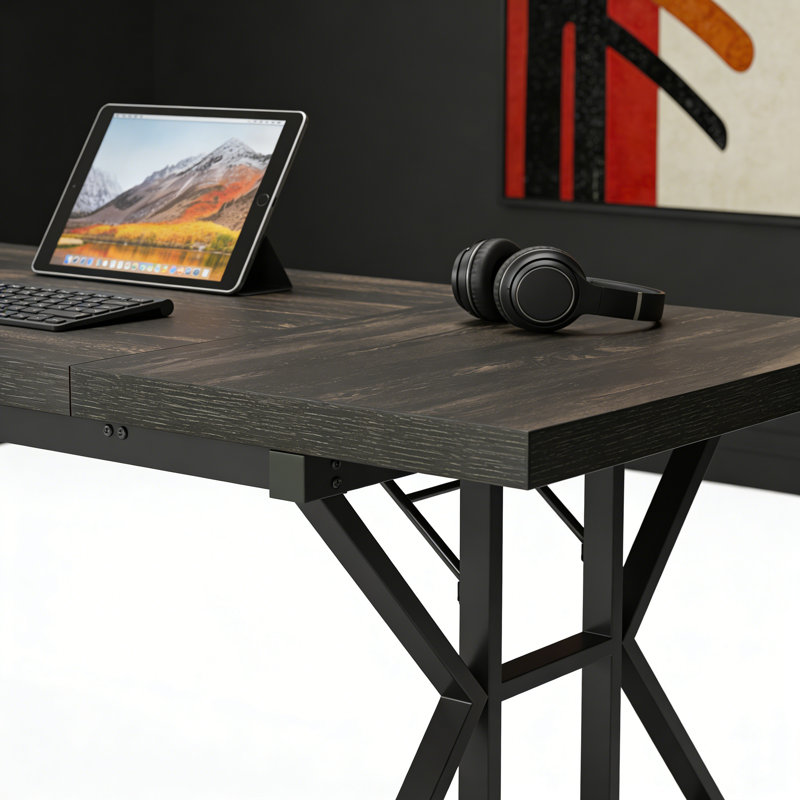 Rectangular Computer Desk With Dark Wood Brown Top And Black Metal Base For Office, Dark Brown/Black