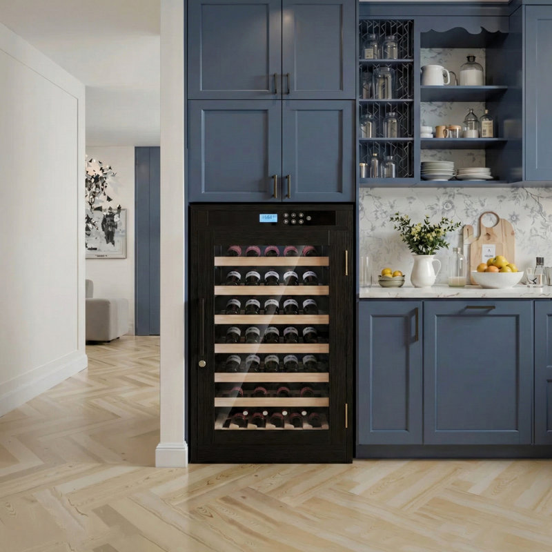Freestanding Red Oak Wine Cabinet with Embraco Compressor, Humidity Control & UV Glass Door