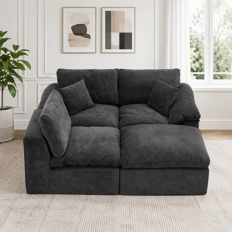 Canapé modulaire en forme de L avec repose-pieds mobile, 3-Seat & 1-Ottoman, Rembourrage en mousse noire