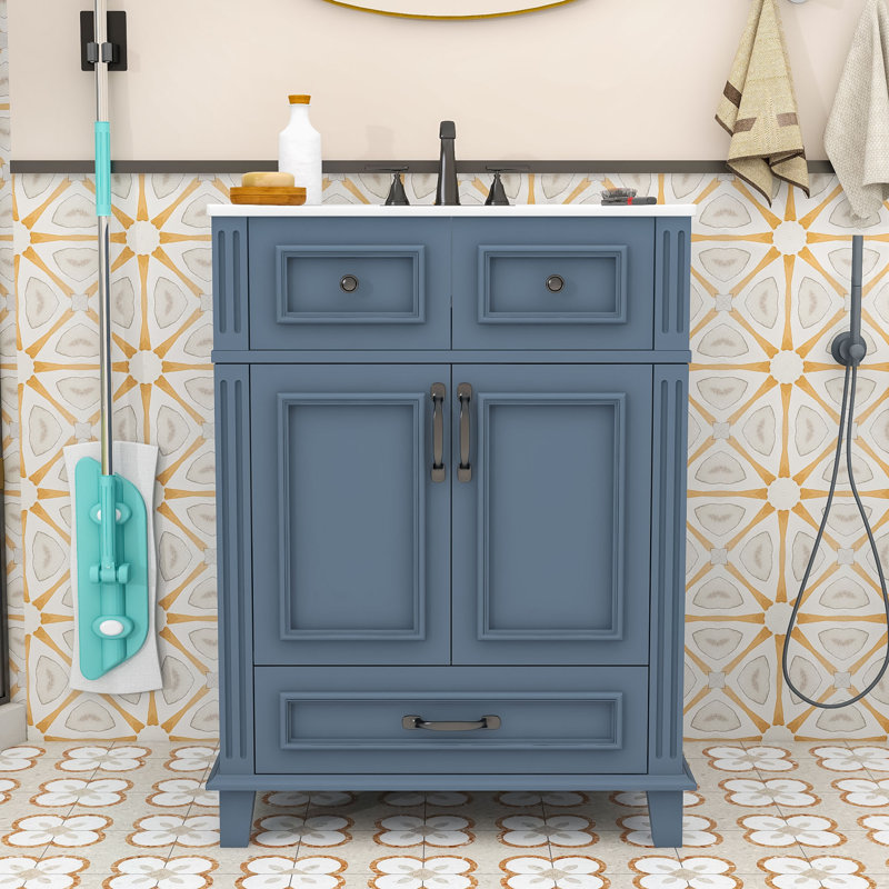 Meuble-lavabo de salle de bain avec lavabo en céramique, tiroir de rangement et portes à fermeture en douceur, Bleu