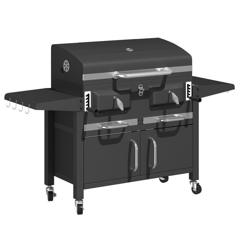 Barbecue au charbon 37,8 po à deux zones avec plateaux à charbon réglables et 2 tables d'appoint pliables