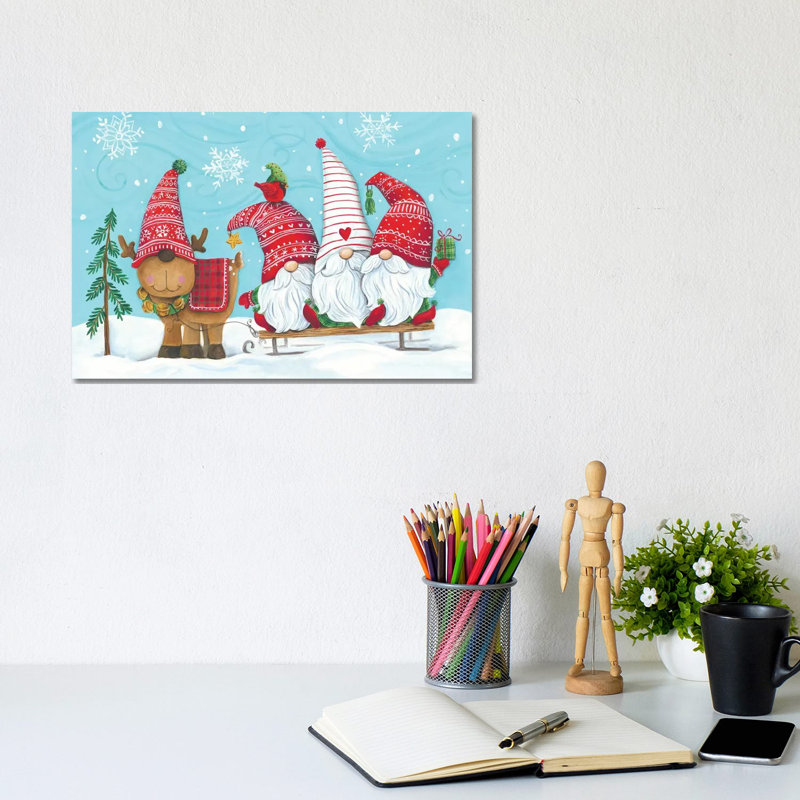 Elf Gnome Trio With Reindeer by Diane Kater - Print on Canvas, 20.32 cm H x 30.48 cm W, Wrapped Canvas
