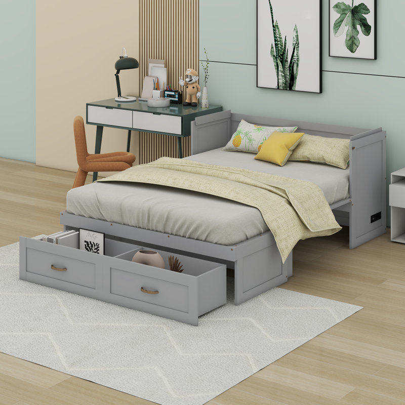 Lit escamotable avec ports USB, Gris, Double