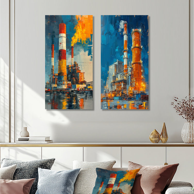 Orange et bleu, centrale électrique I - art mural industriel en métal 2 pièces, 40" H x 40" W