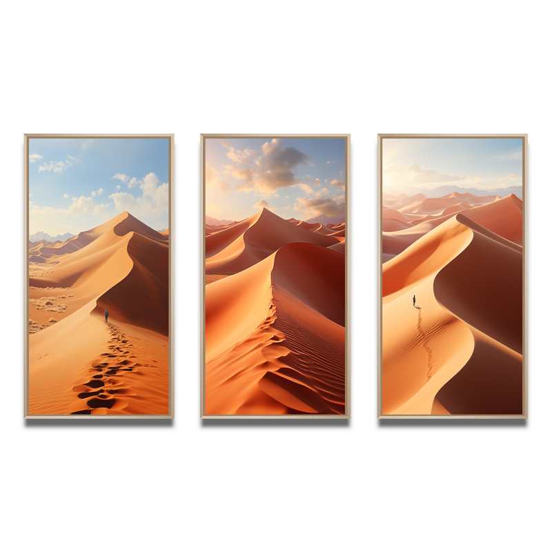 "Sables mystiques égyptiens", 3 pièces sur toile, H 32 po x l 48 po, Encadré naturel