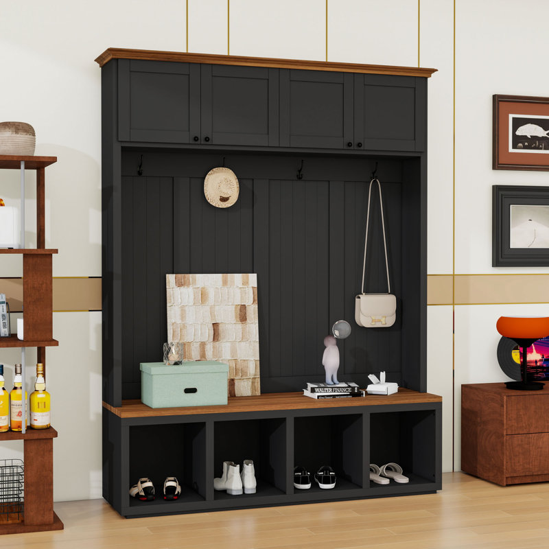 Hall Tree with Bench, Hooks and Storage Cabinets, Black