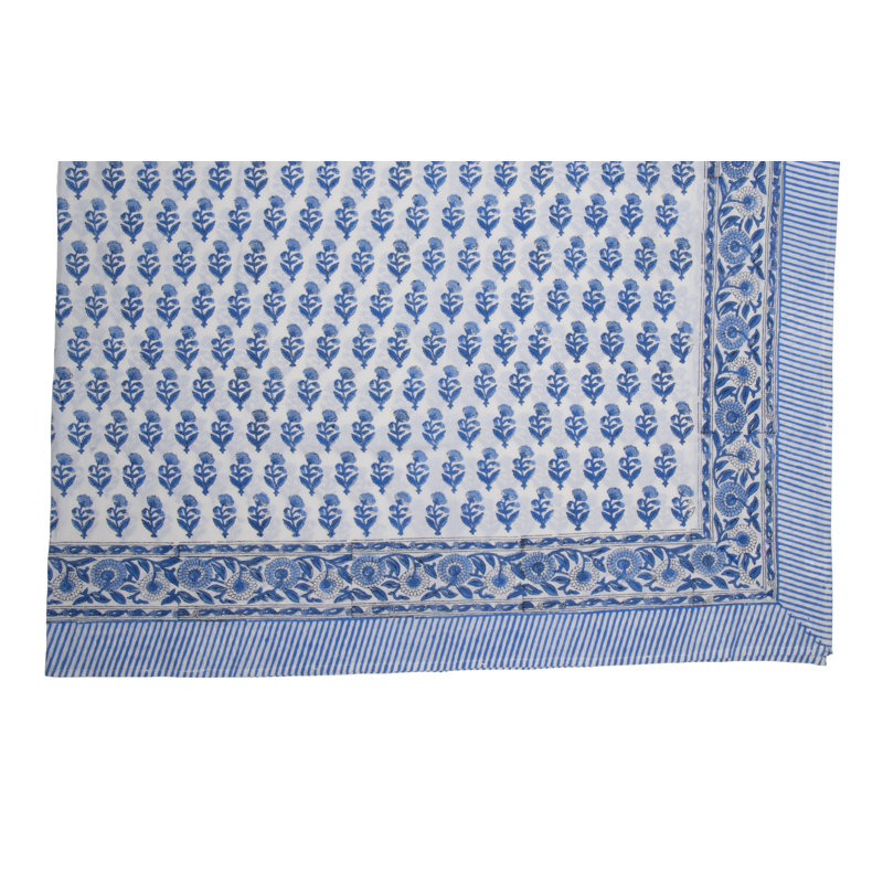 Hand Block Print Tablecloth, Blue, 108" L x 70" W