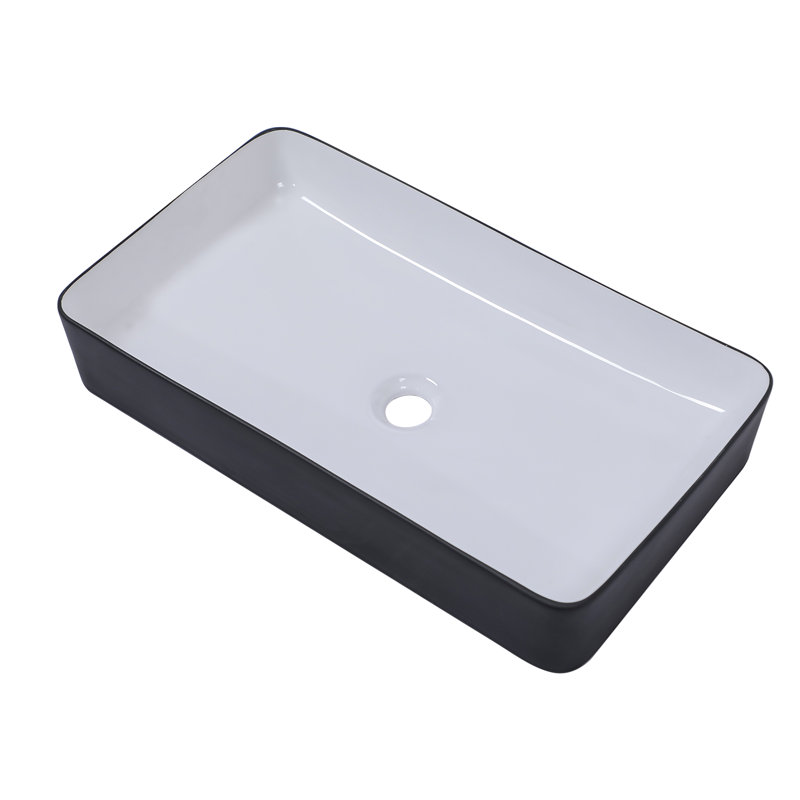 24" White Ceramic Rectangular Vessel Sink with Black Rim