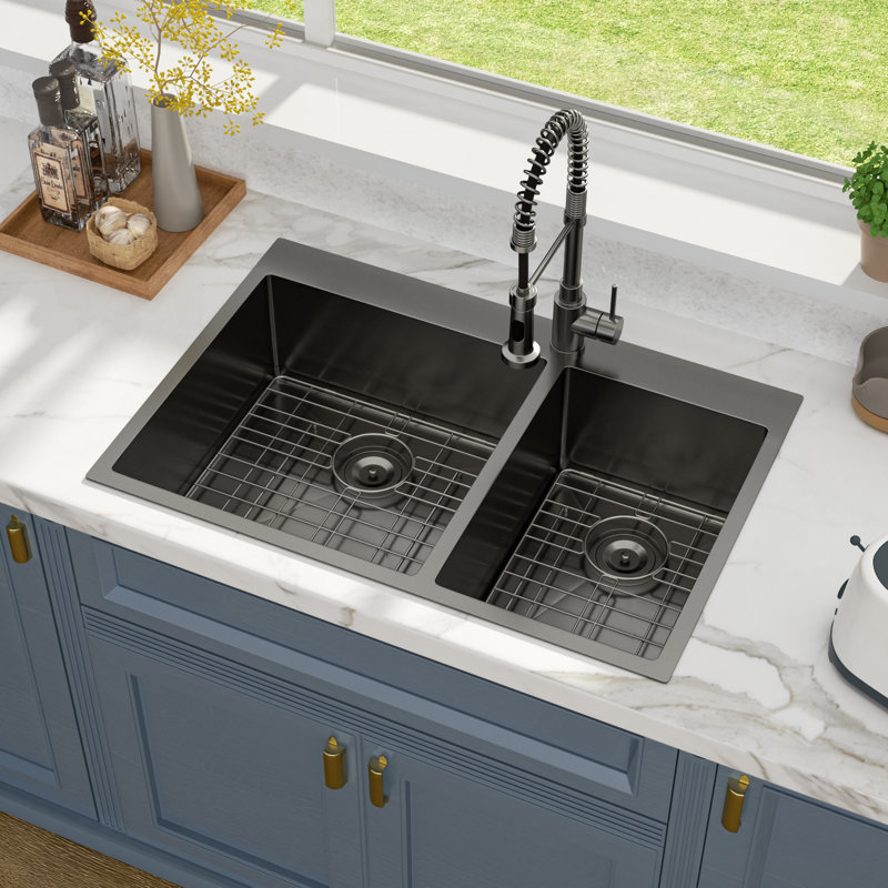 Drop-in Double Bowl  Kitchen Sink, Gunmetal Black, 60/40