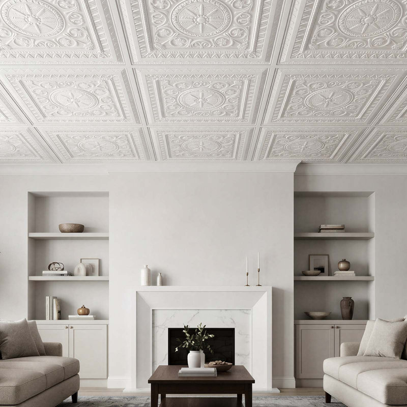 Dalles de plafond en PVC blanc 24 x 24 po (61 x 61 cm), paquet de 12, panneaux géométriques 3D, feuille de PVC lisse pour ossature apparente, résistante aux chocs, surface peignable, facile à découper, style décoratif moderne pour la maison et le bureau.