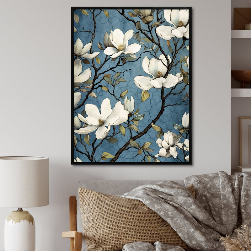 «White Blooimg Magnolias Trees» sur toile imprimée, H 32 po x l 24 po x P 1 po, Cadre flottant noir