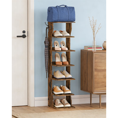 7 Tier Vertical Shoe Rack, Narrow Shoe Storage Organizer With Hooks, Slim Corner Tower Shelf For Entryway Bedroom, Rustic Brown