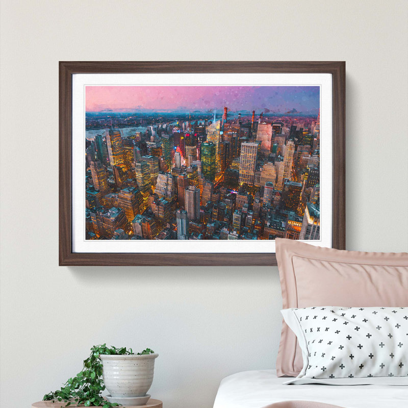 New York View in Abstract - Picture Frame Graphic Art Print, 48cm H x 65cm W x 2cm D, Walnut Framed