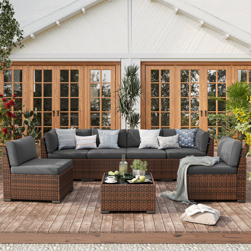 6 Person Rattan Sectional Seating Group With Cushions, Gray, No