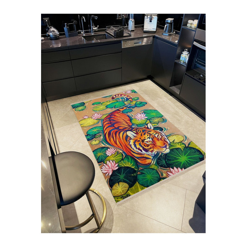 Tapis multicolore à motif de fleurs de lotus et de tigres, Sous-tapis rectangulaire 5 pi 1 po x 7 pi 7 po inc